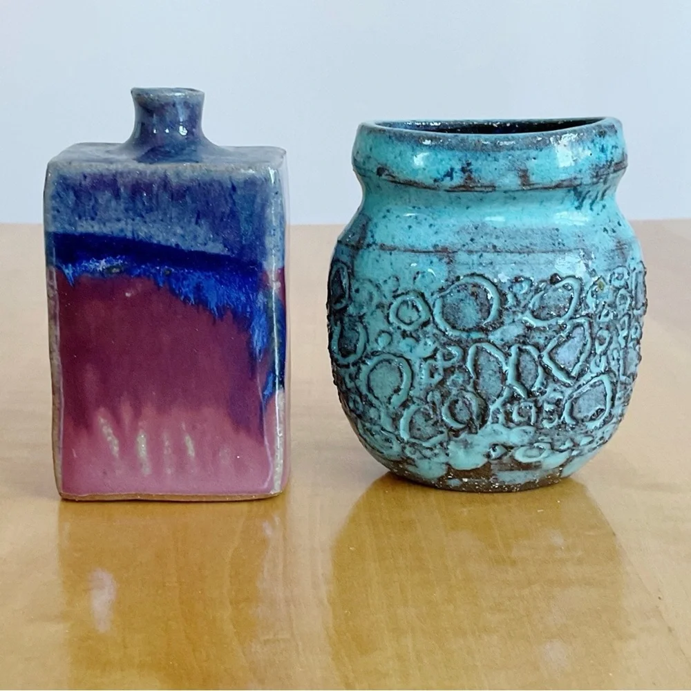 Signed Studio Pottery Bud Vase Pair Turquoise Drip Glaze Handmade